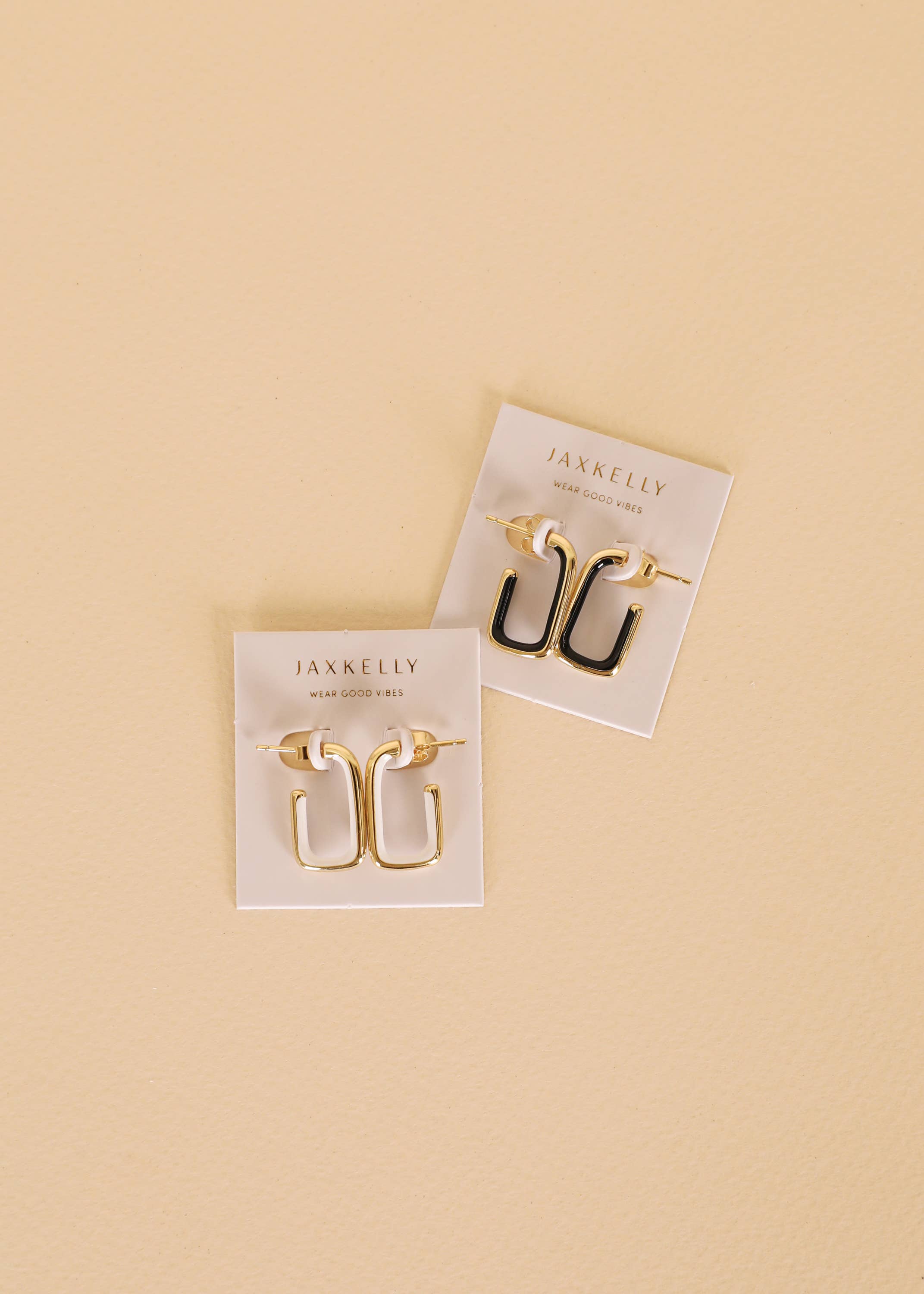 Black Enamel Rectangle Gold Hoop Earrings and white Enamel Rectangle Gold Hoop Earrings