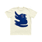 Cream white Tshirt tee with blue sideways smiling cat doodle 