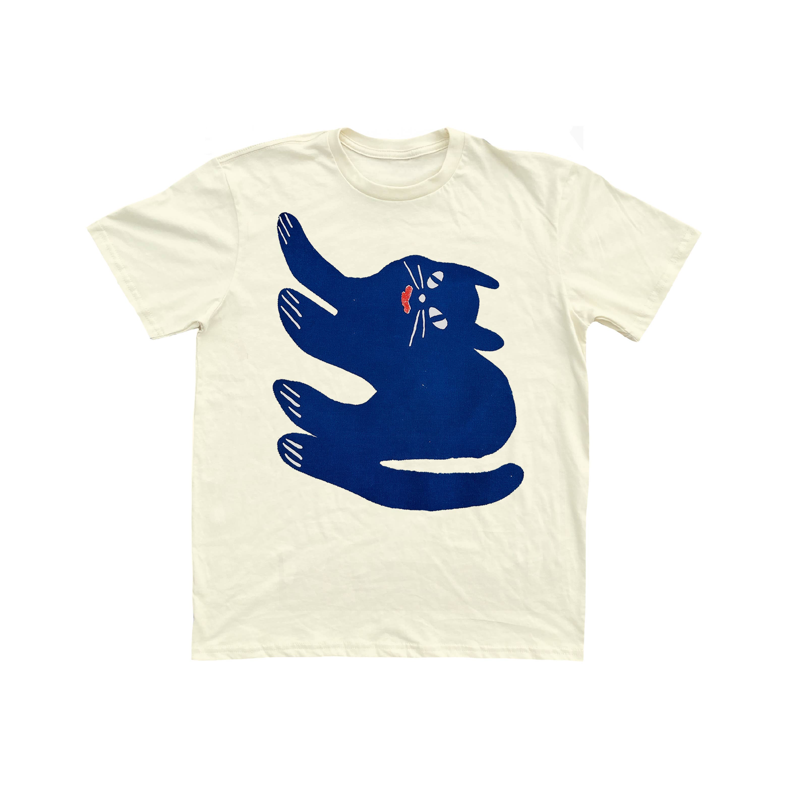 Cream white Tshirt tee with blue sideways smiling cat doodle 