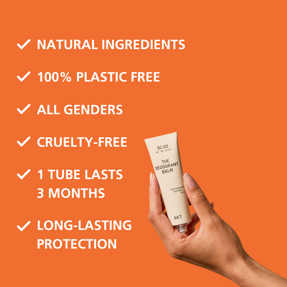 Hand holding beige deodorant balm tube with product highlights listed 