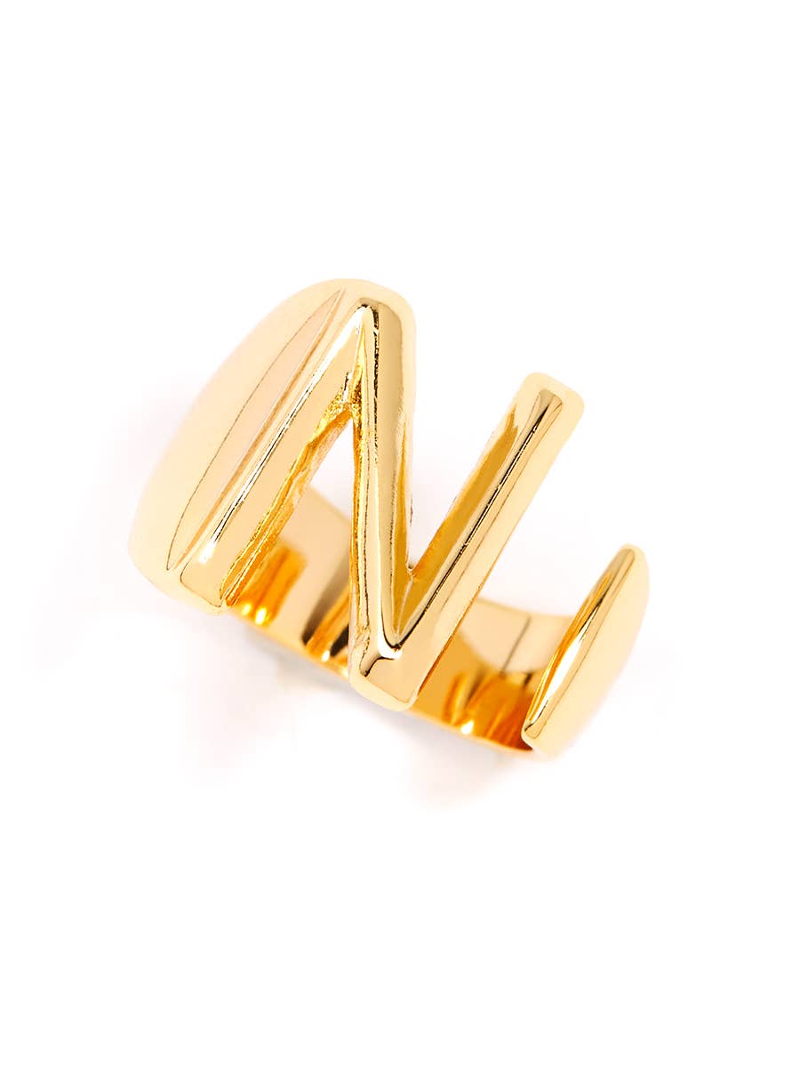 Gold adjustable letter ring on white background in letter N