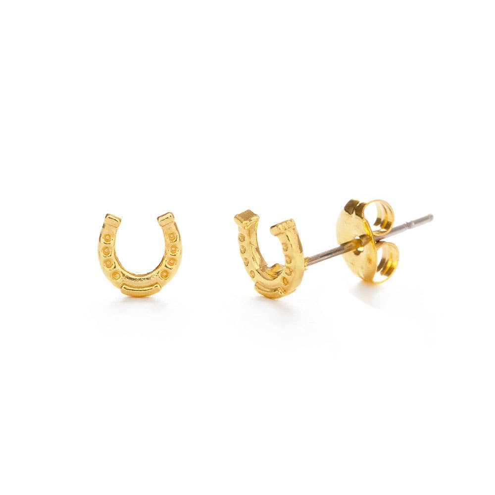 Gold horseshoe-shaped earrings on a white background