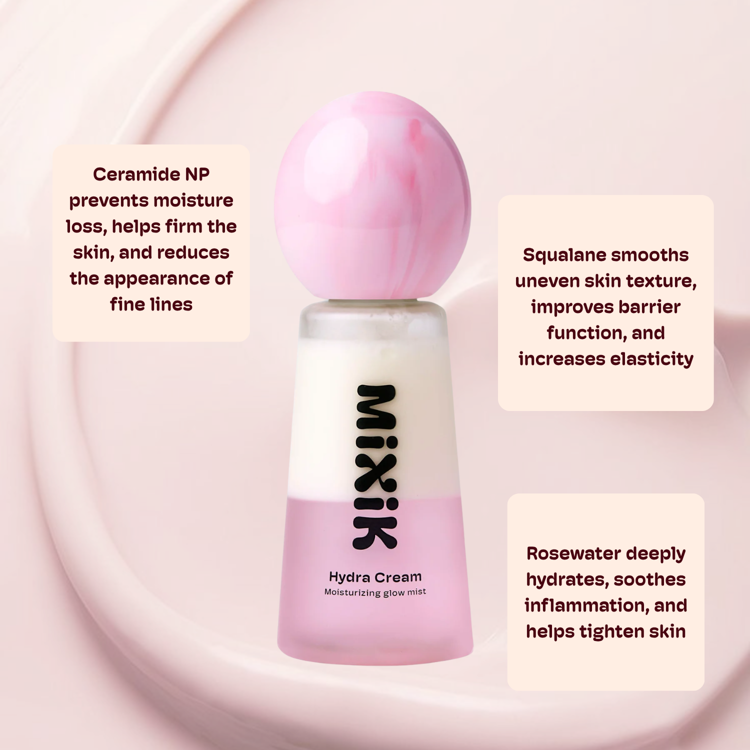 Pink and white skincare product with text about ingredients on a light pink background