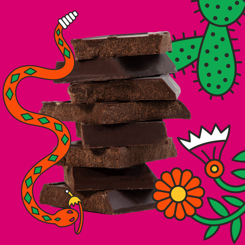 Stack of chocolate bars with a snake and flowers on a pink background