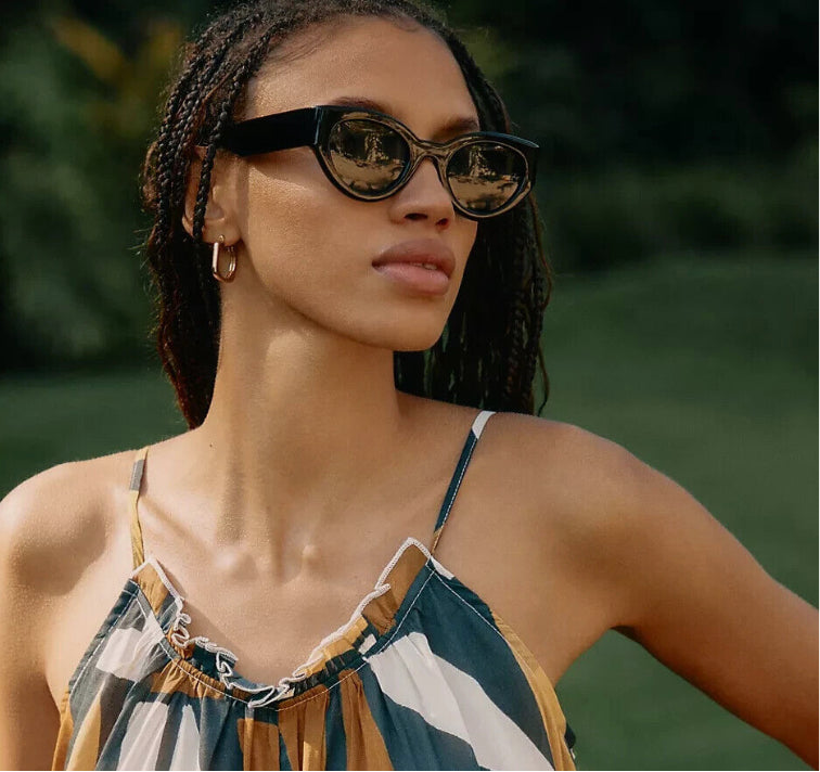 Woman wearing black sunglasses with Smokey polarized lenses 