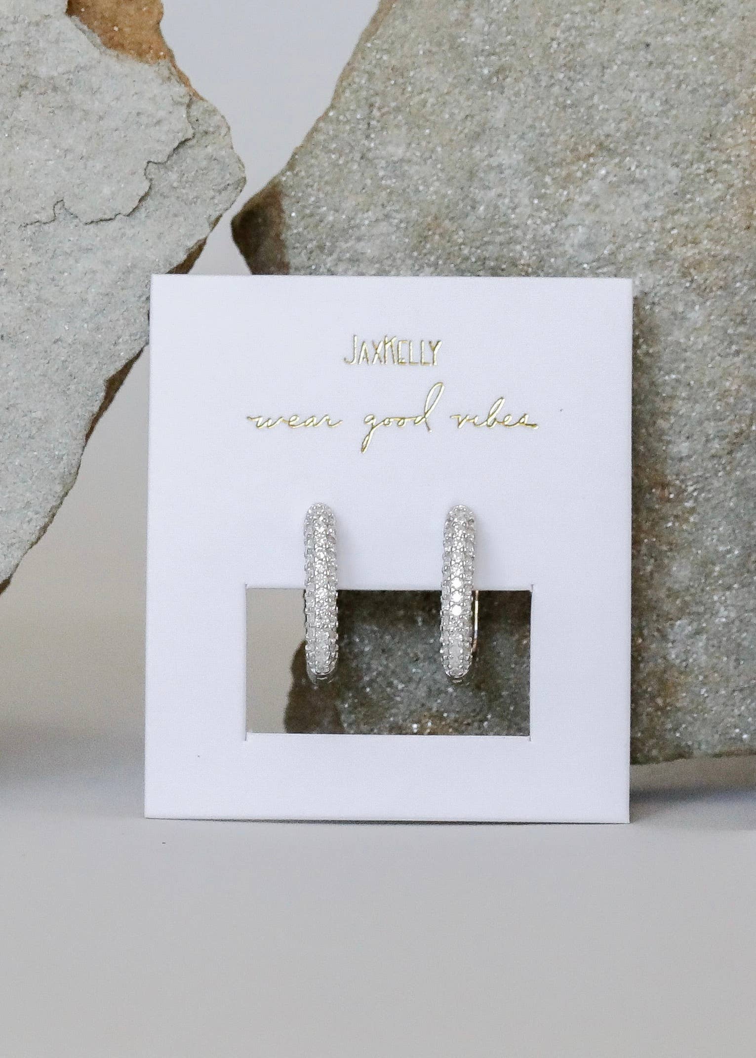 white, pave, square cut silver hoop earrings