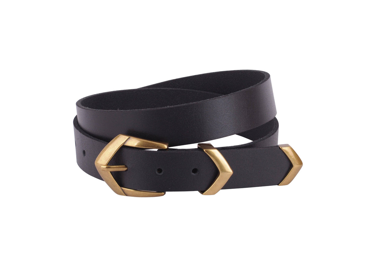 Black leather belt with gold buckle on a white background