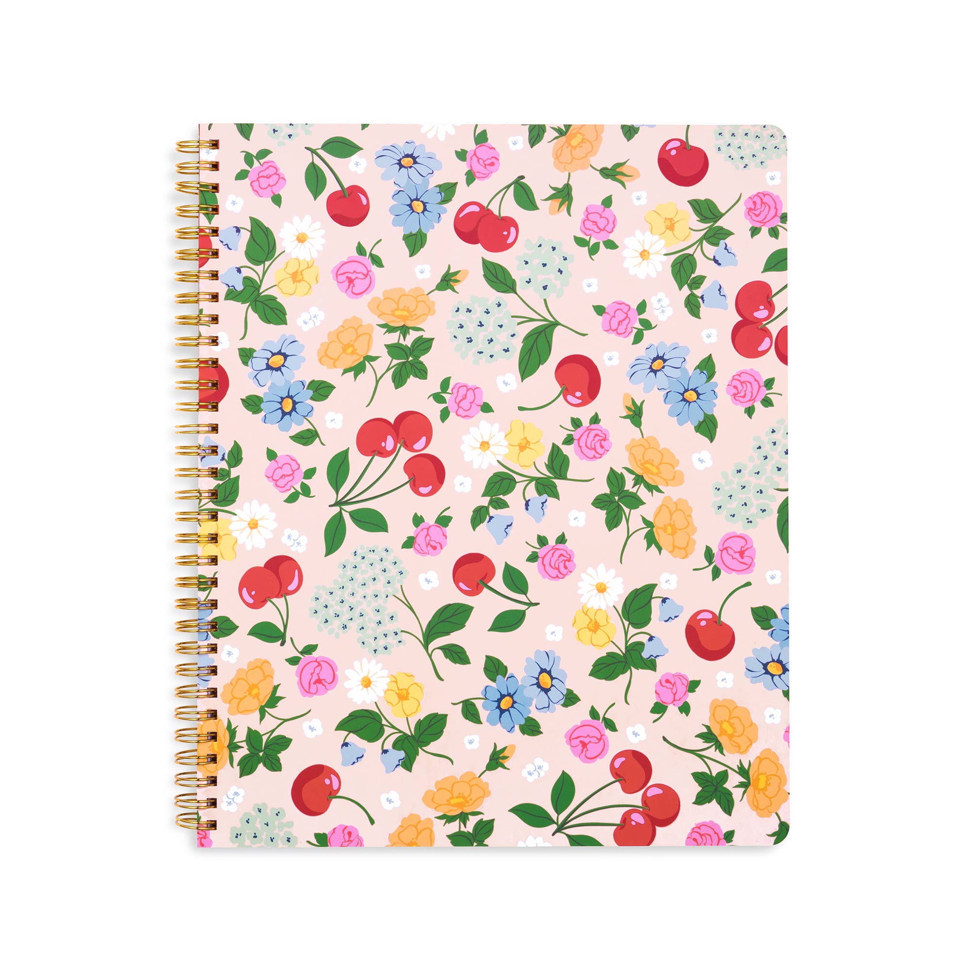 light pink spiral lined notebook with pastel flowers and classic cherries