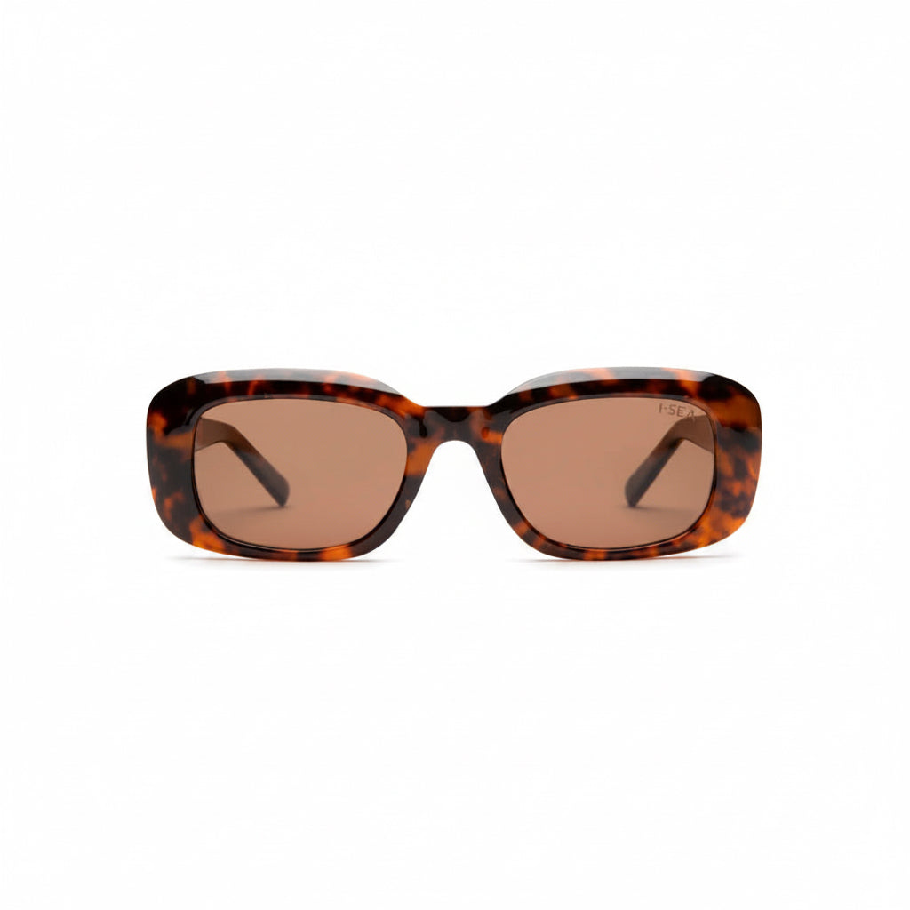 Sunglasses with tortoiseshell frame and brown lenses on a white background
