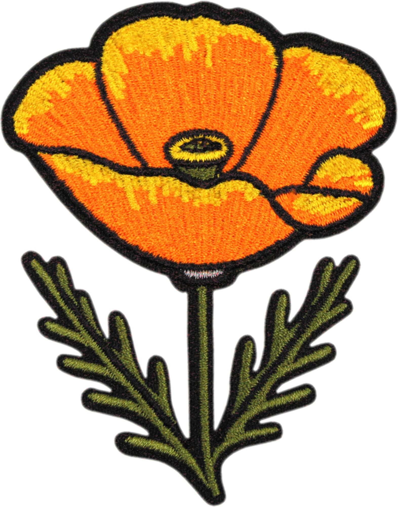 Embroidered patch of an orange flower with green leaves on a white background