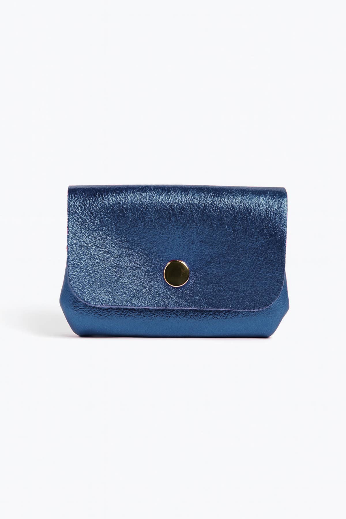 Blue leather wallet with a gold button on a white background