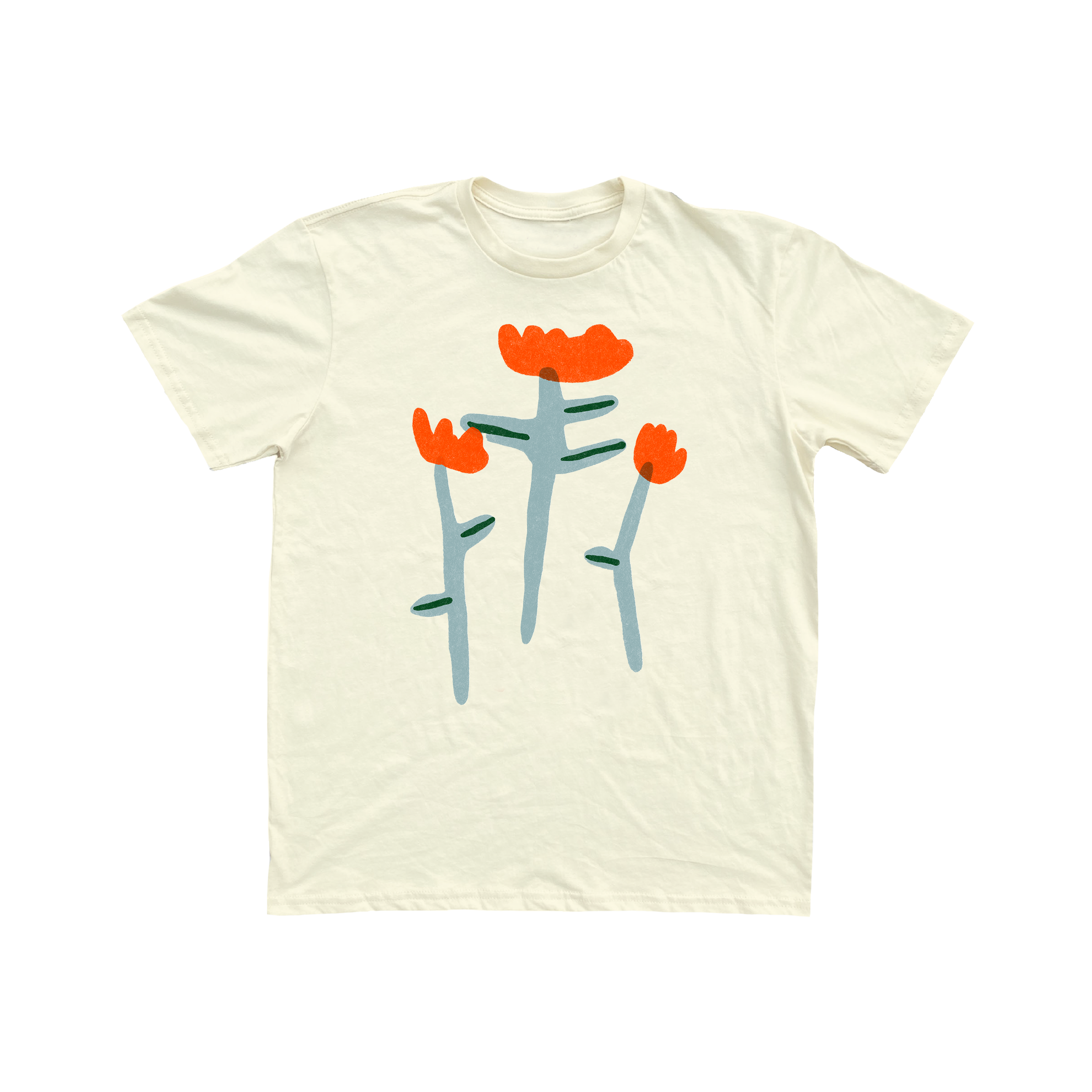 Cream white Tshirt tee with three red tulip doodles on the Tshirt 
