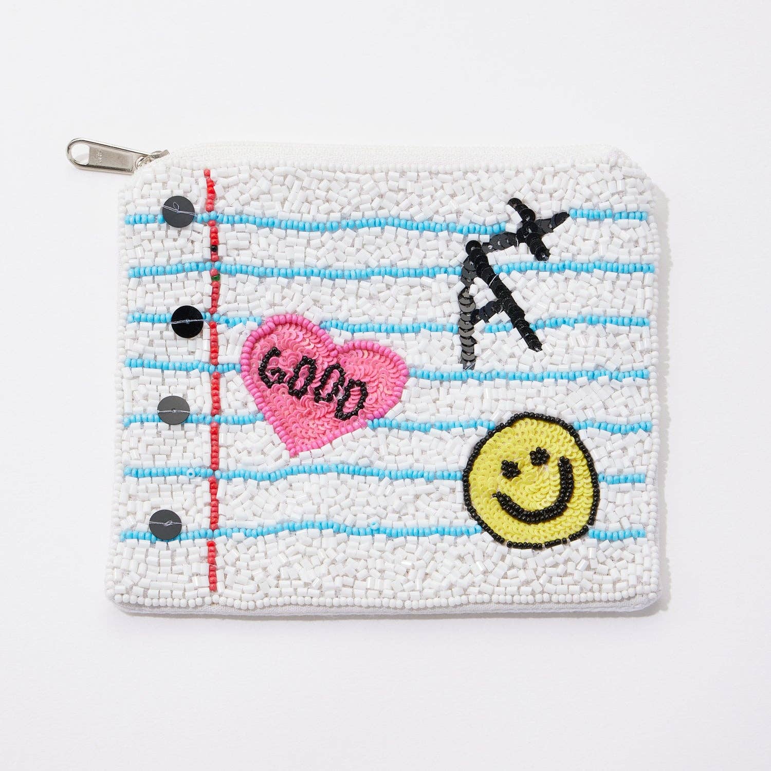 Embroidered pouch with an A plus, heart, and smiley face