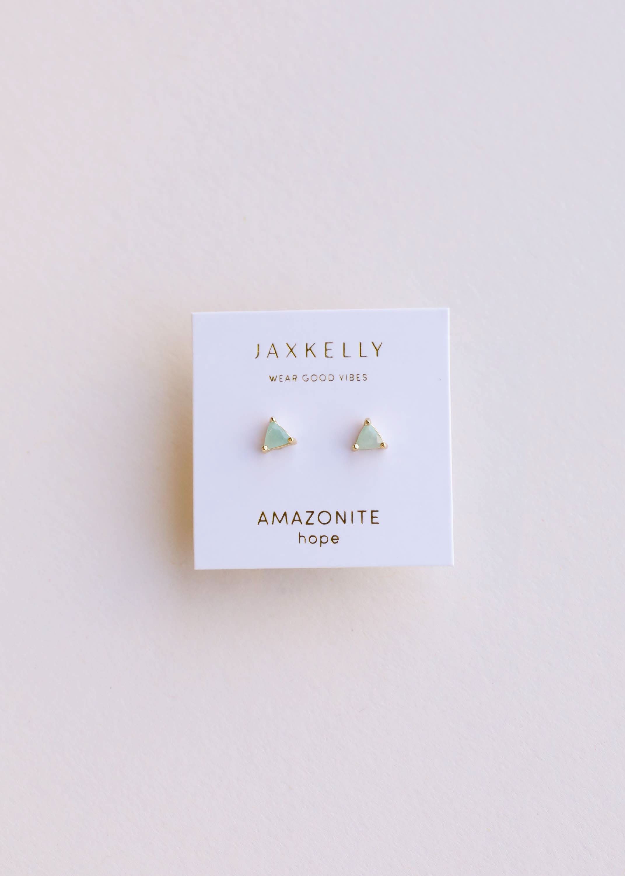 Jaxkelly Amazonite trangle earrings on a white card with a light gray background