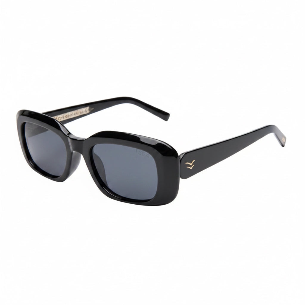 Black sunglasses with a brand logo on a white background