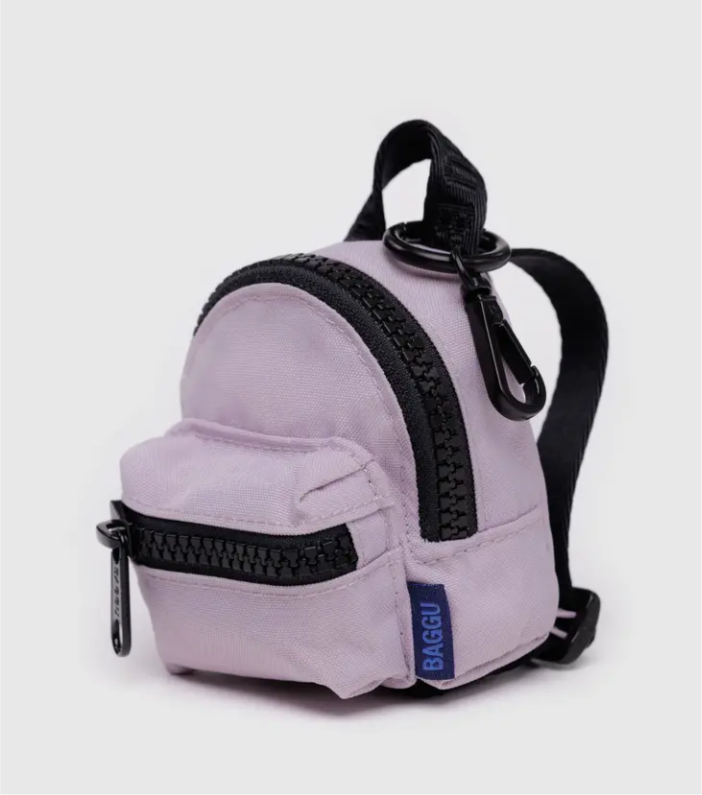 BAGGU Charm Mini backpack accessory in lavender color