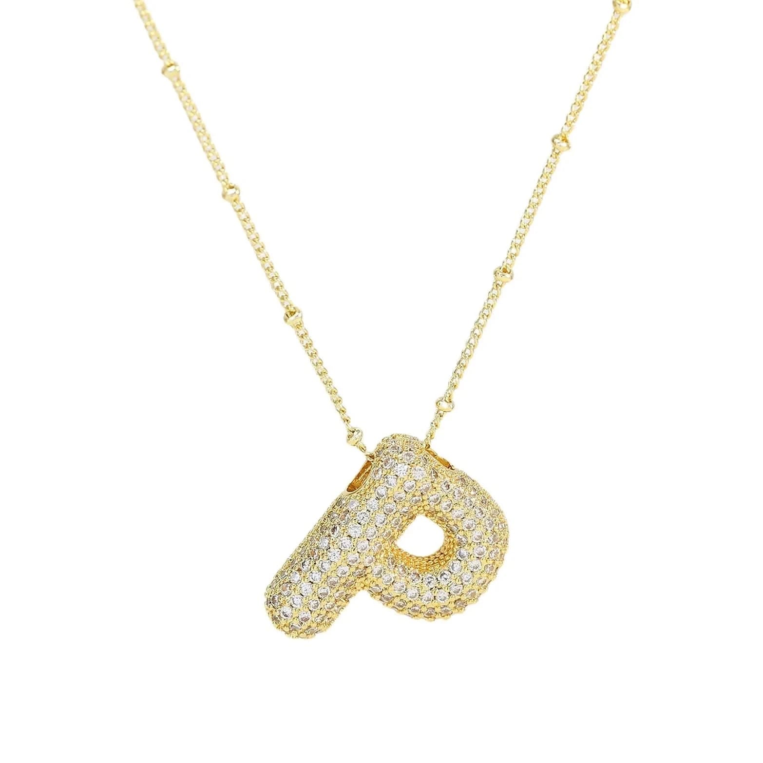 Balloon Bubble Initial CZ Gold necklace with a letter 'p' pendant on a white background