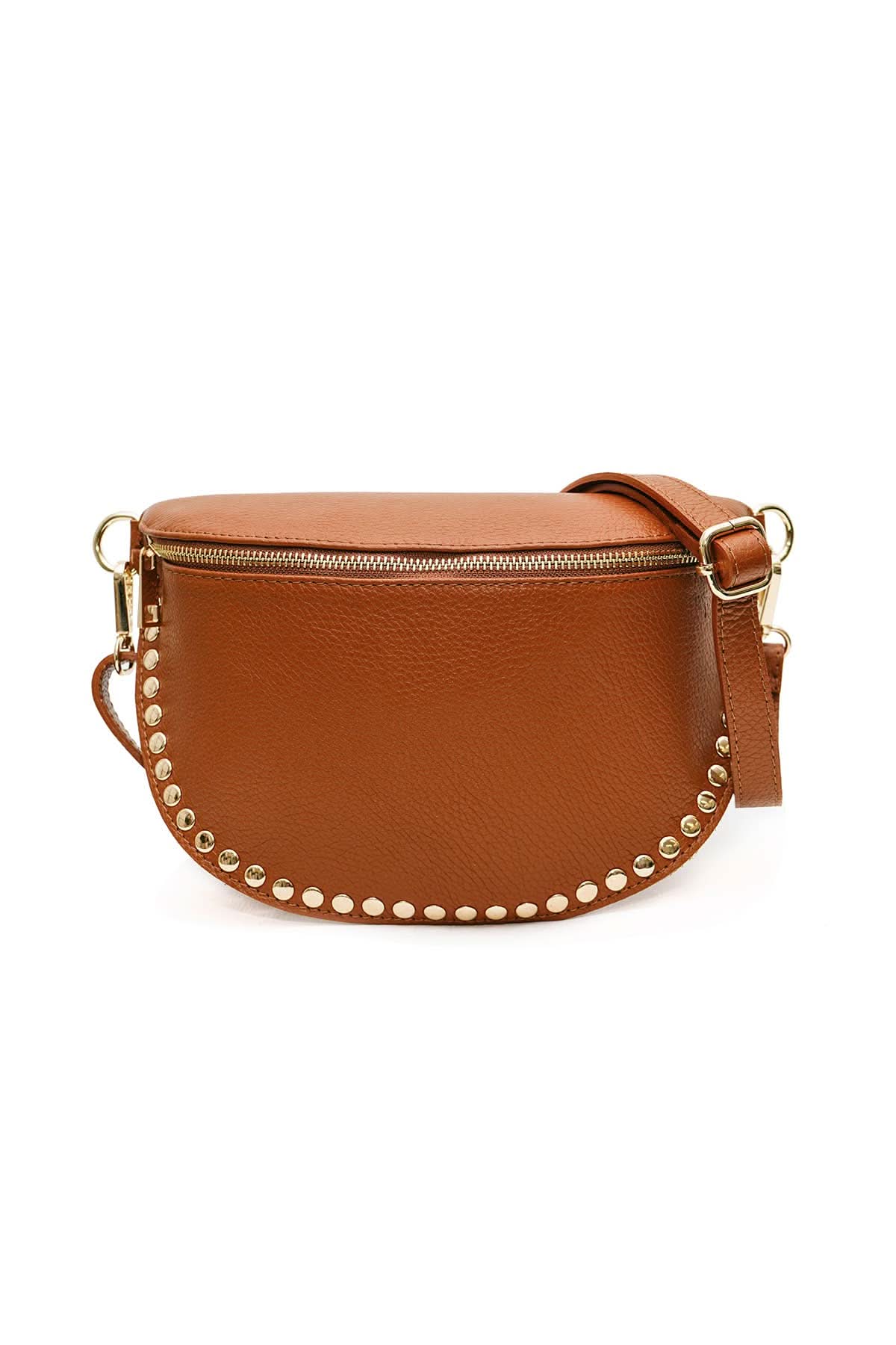 Brown leather crossbody bag with gold studs on a white background