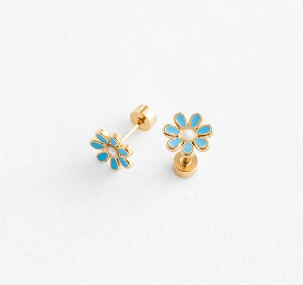 Gold flower-shaped earrings with blue centers on a white background