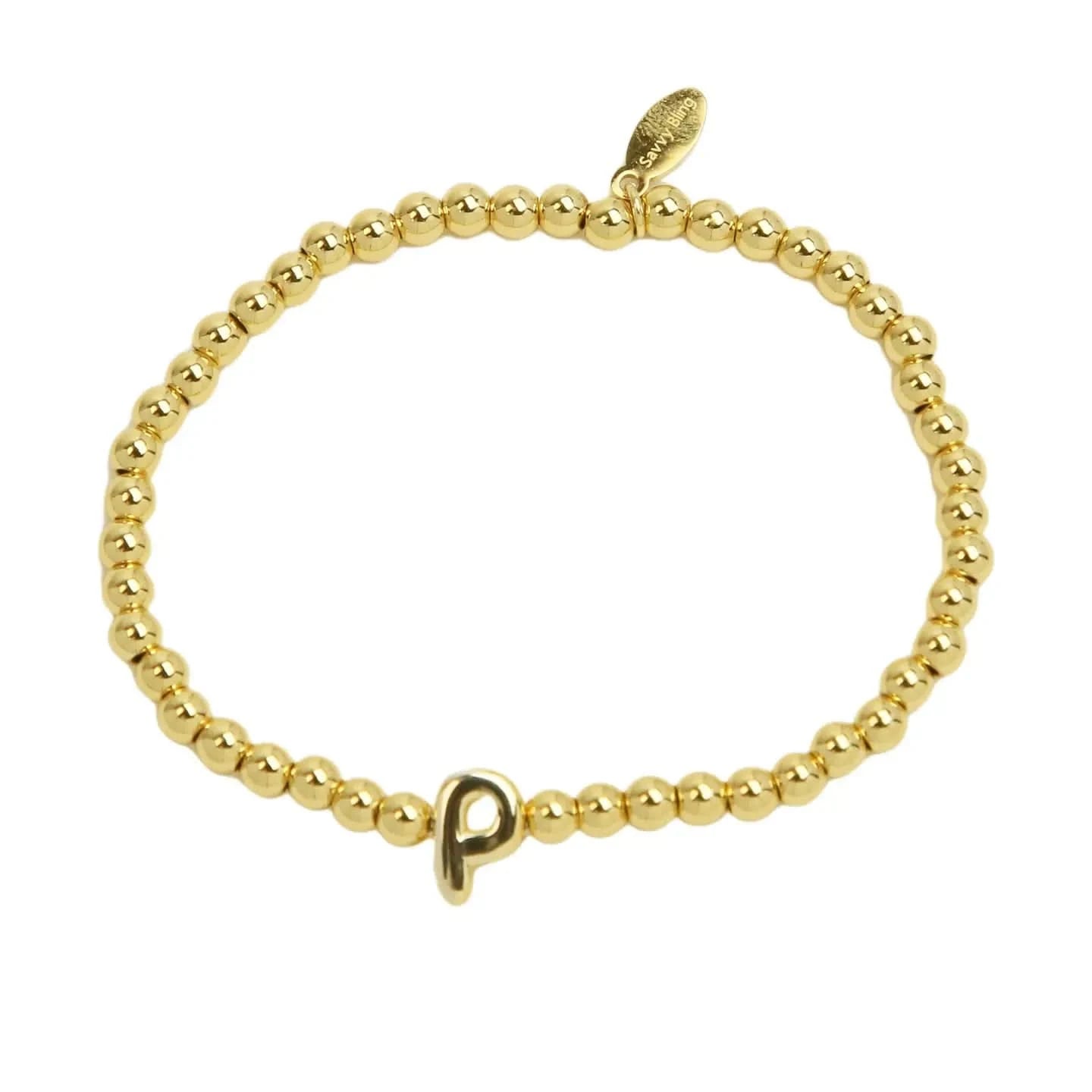 Gold beaded bracelet with a letter 'P' charm on a white background