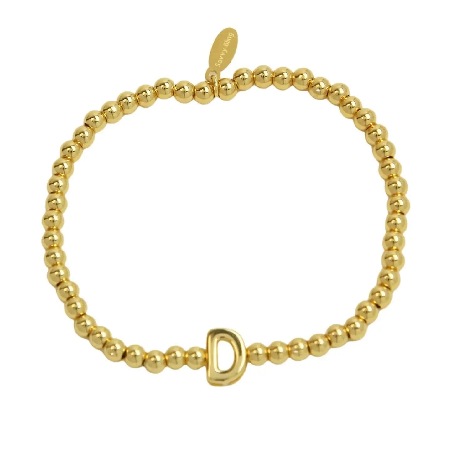 Gold beaded bracelet with a clasp on a white background