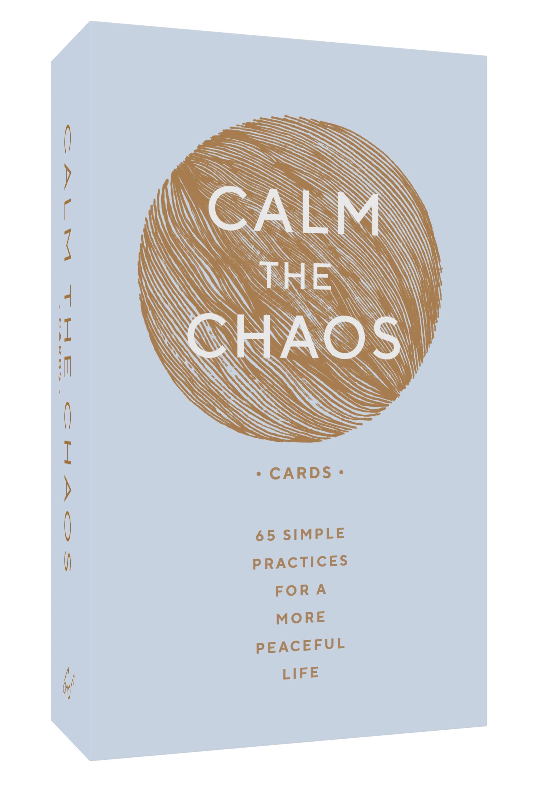 Card deck packaging with 'Calm the Chaos' text on a light blue cover