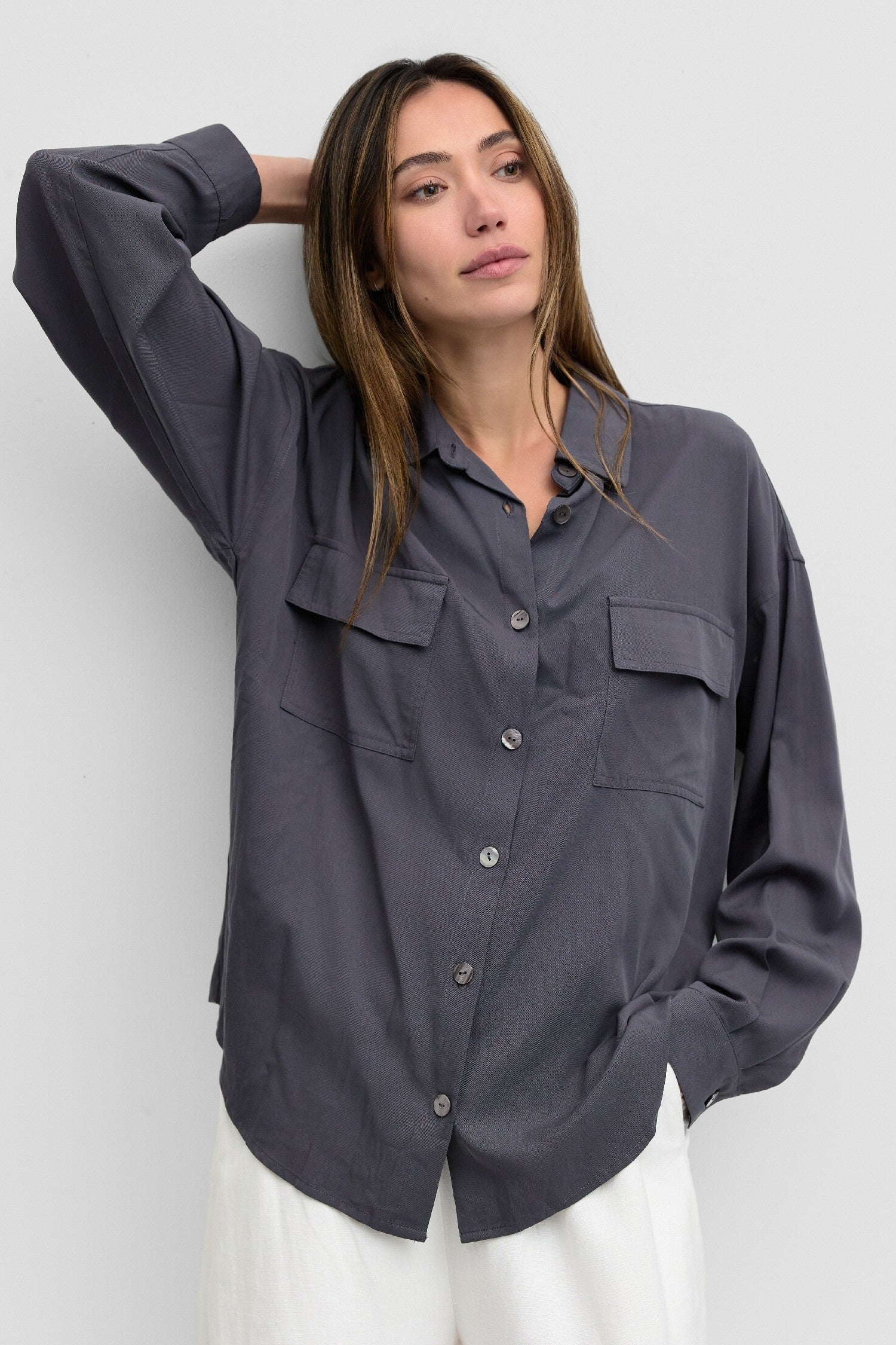 dark grey button down shirt