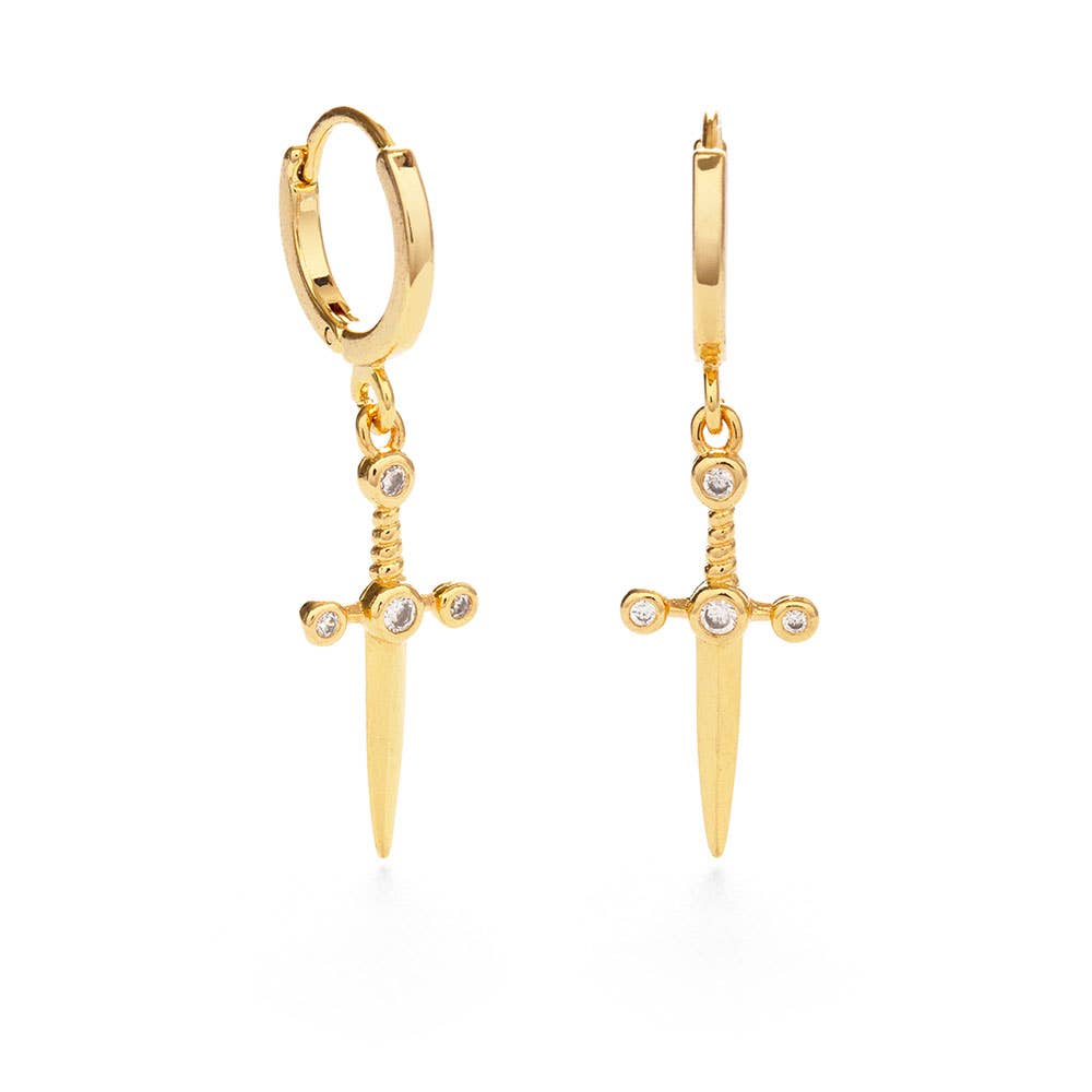 Gold sword-shaped earrings with holding circle