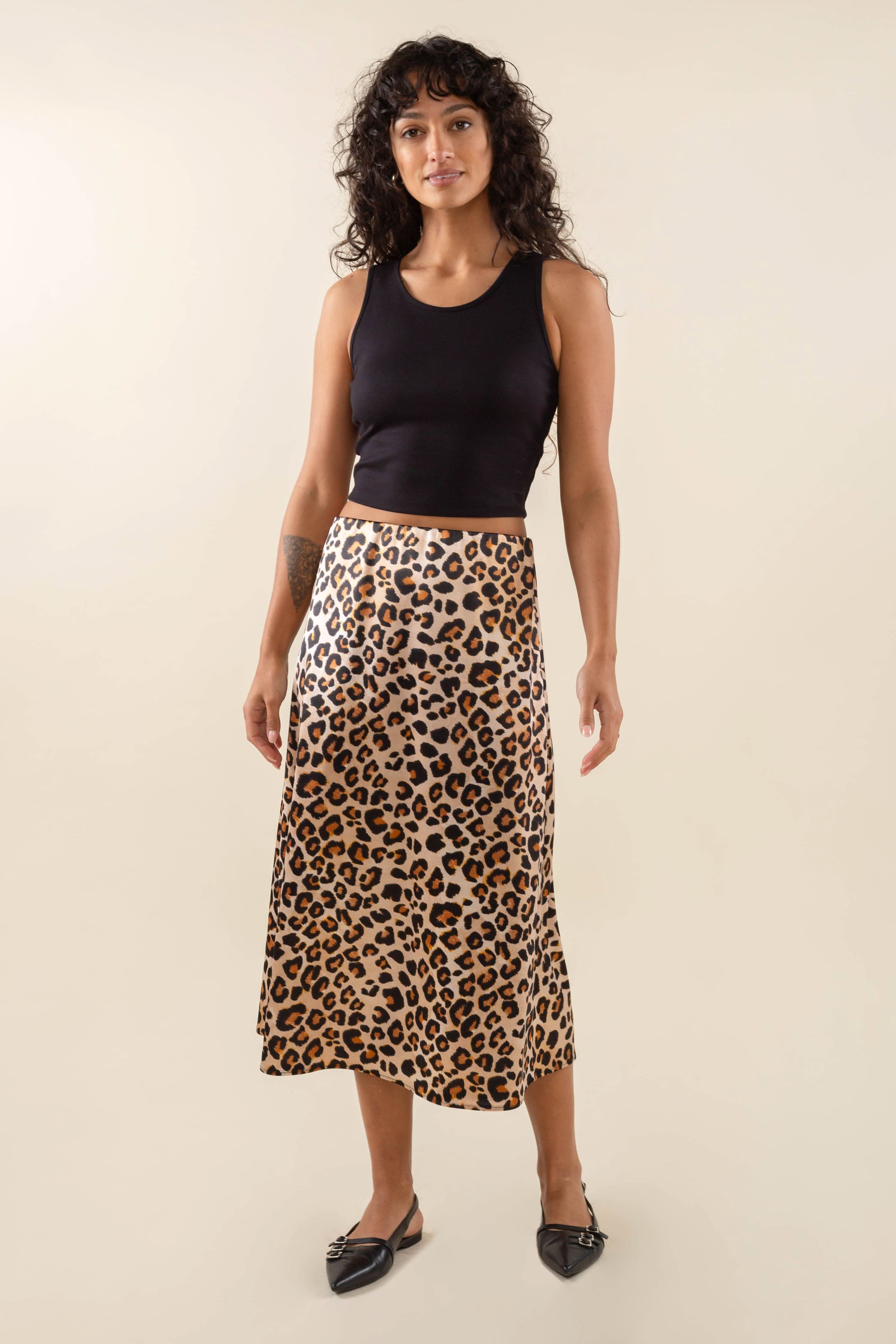 Leopard print satin skirt Satin stretch midi skirt Elastic waistband skirt Cheetah print