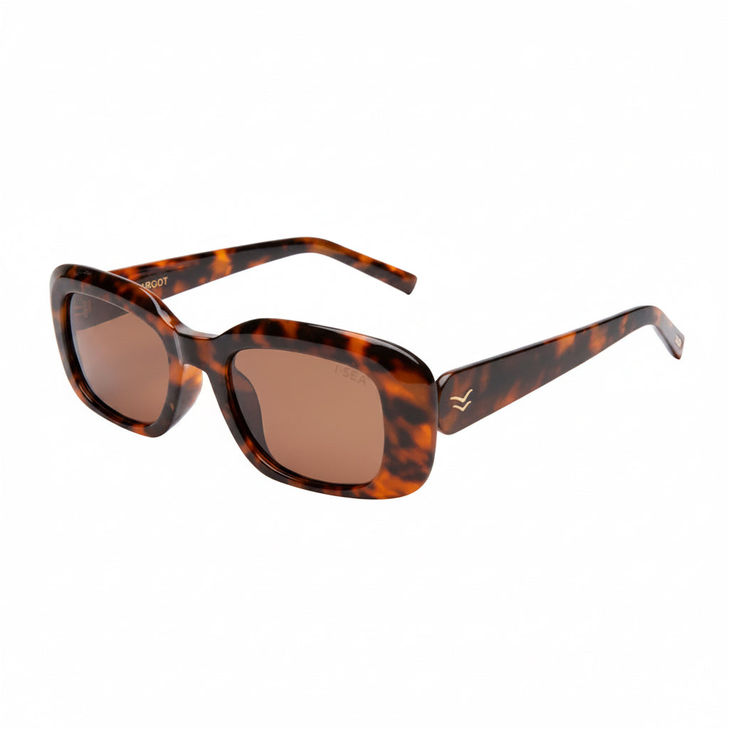 Sunglasses with tortoiseshell frame and brown lenses on a white background