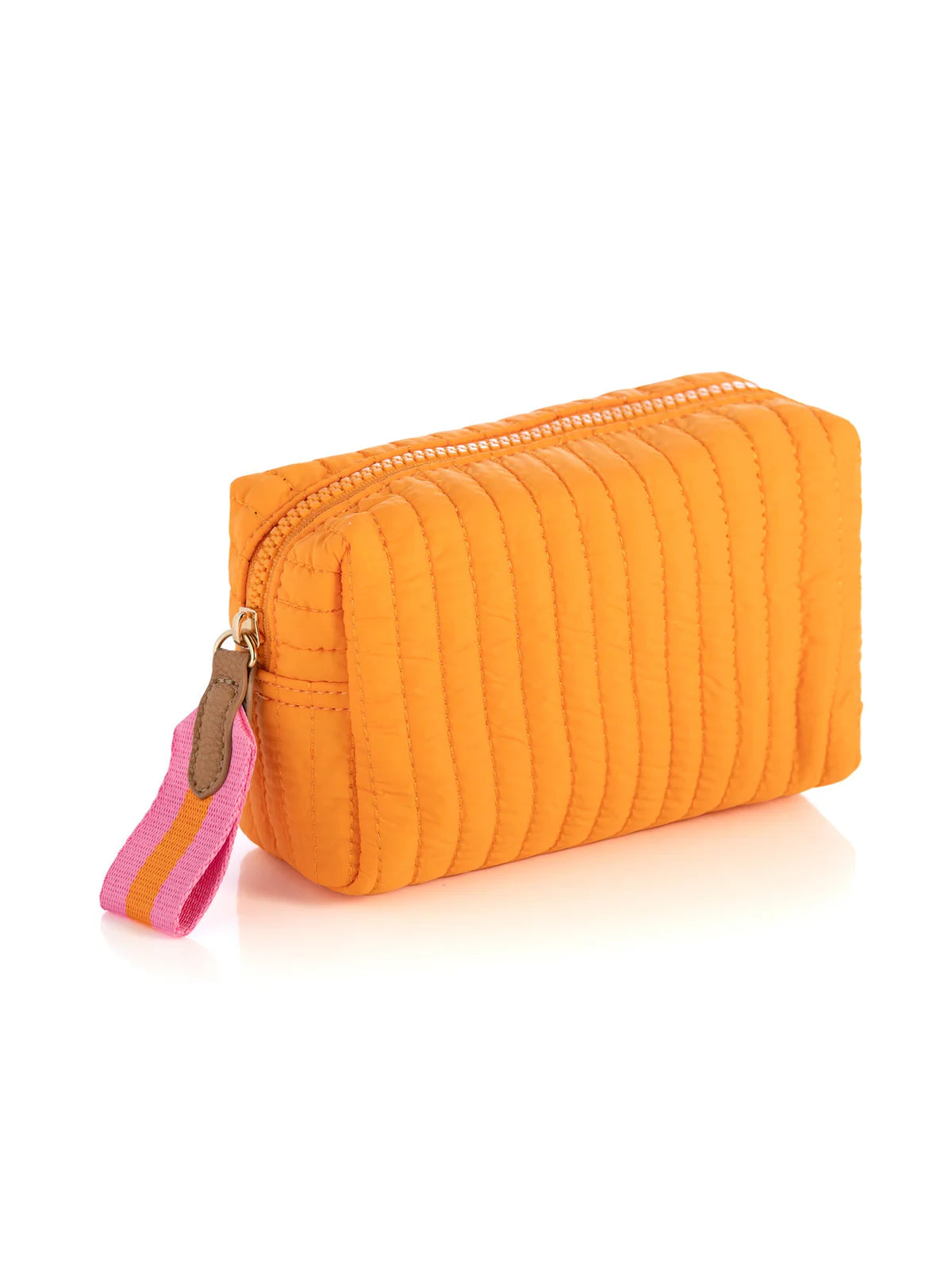 Ezra-Small-Boxy-Cosmetic-Pouch Orange quilted pouch with a pink strap