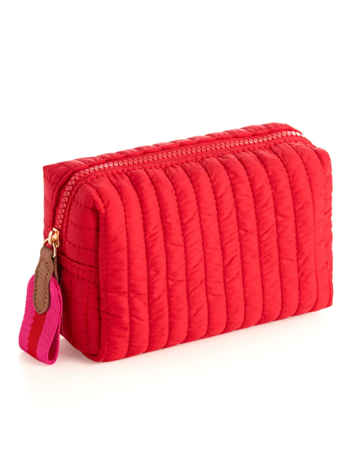 Ezra small boxy cosmetic pouch Red quilted clutch bag with a gold zipper and pink strap