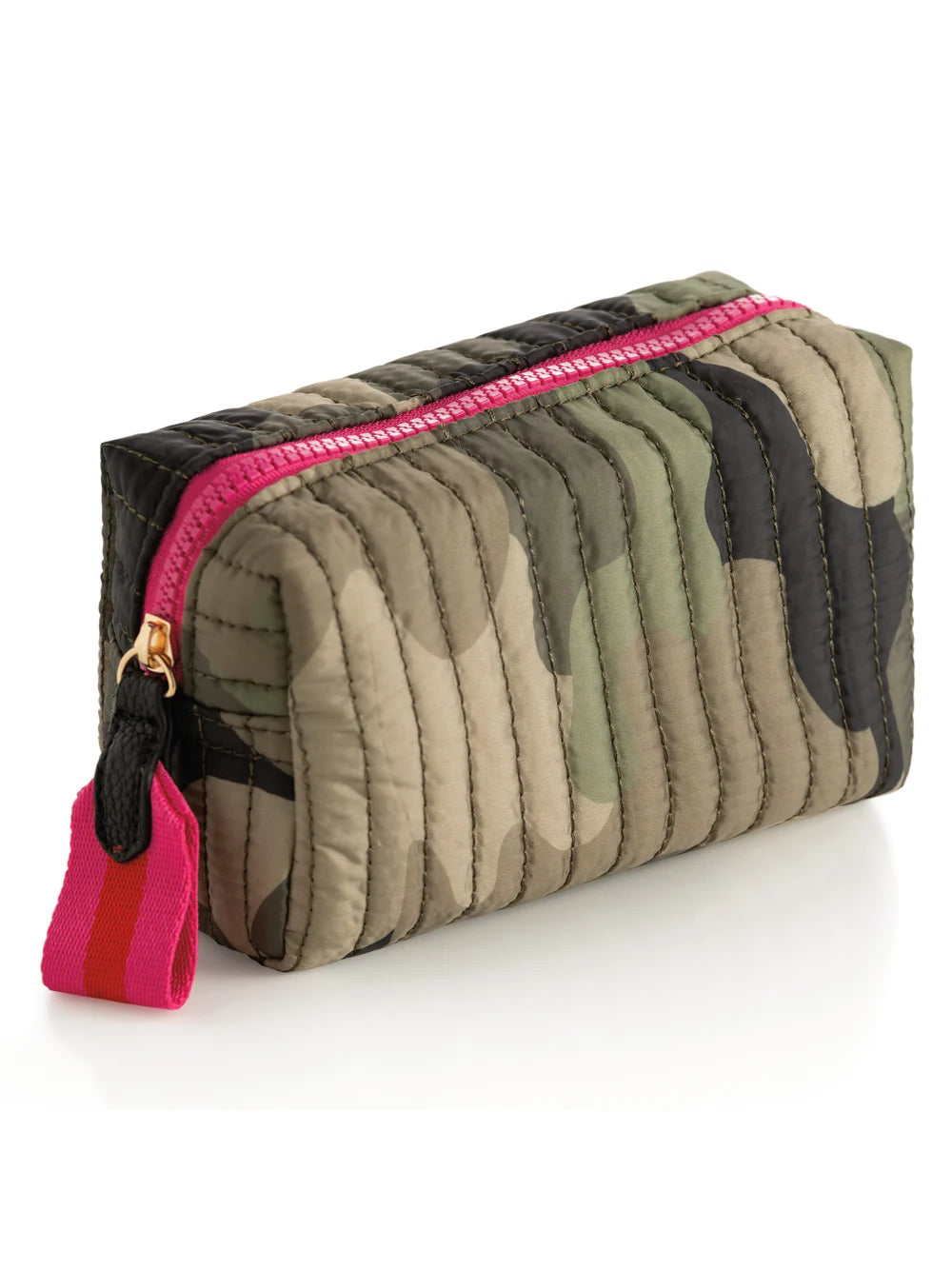 Ezra small boxy cosmetic pouch,camouflage fabric with pink zipper.