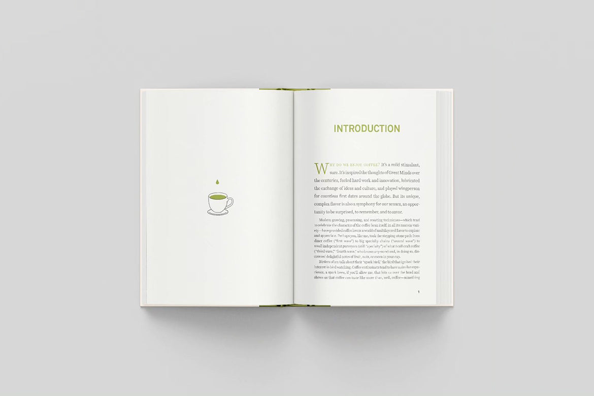 Book opened to page with coffee cup illustration and an introduction page 