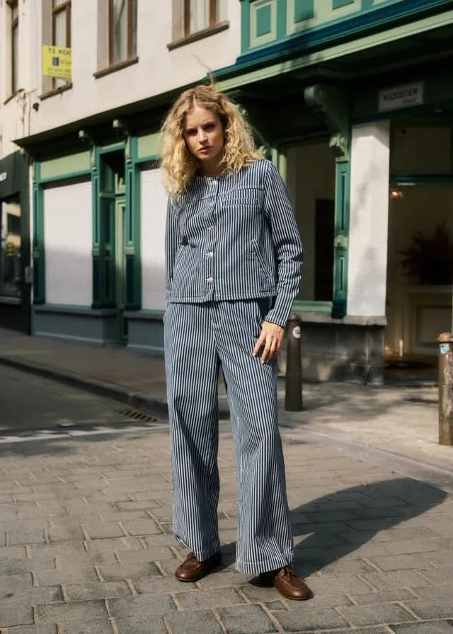 blue and white color striped outfit with relexible and FRNCH fabric