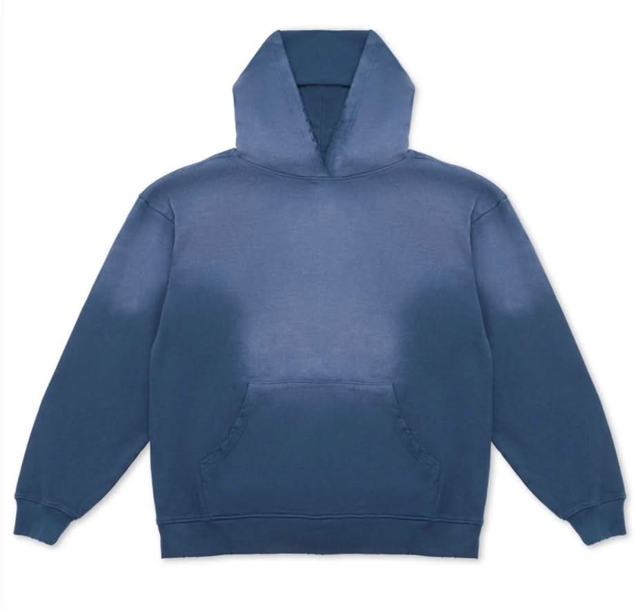 Blue vintage washed heavy cotton hoodie pullover on white background 