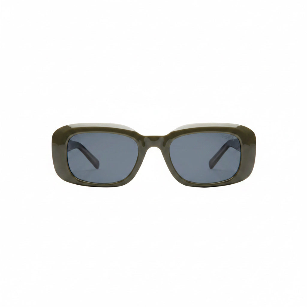 Sunglasses with green frame and dark lenses on a white background