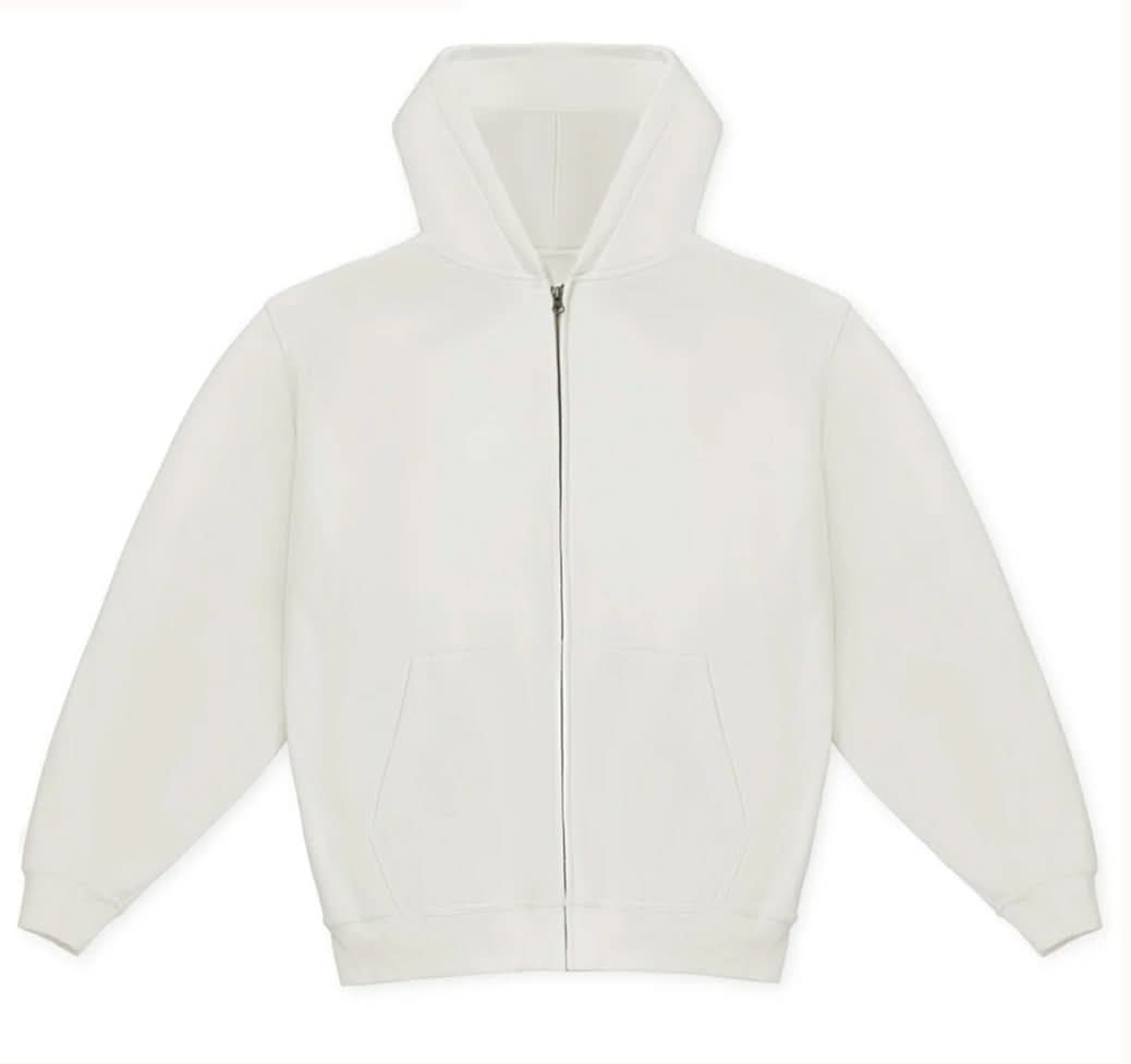 White heavy cotton zip up hoodie on white background 