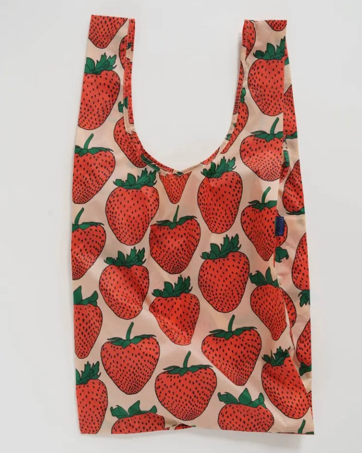 Large reusable shopping bag with red strawberry print 