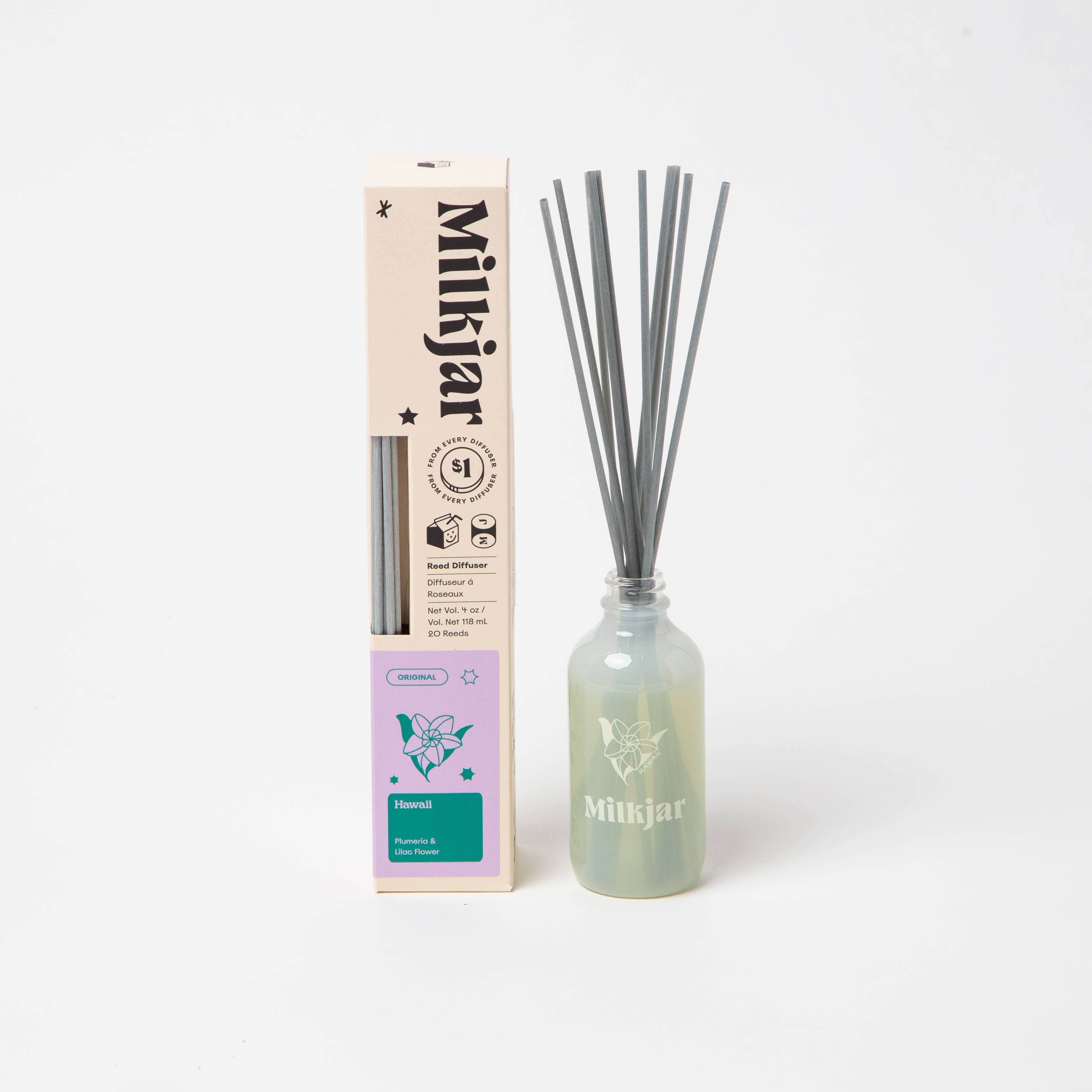 The Hawaii - Lilac & Plumeria Reed Diffuser is shown with its tall, rectangular box.
