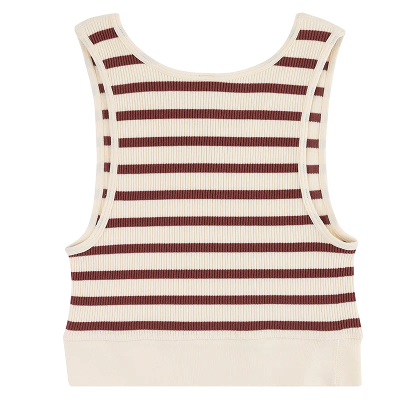A crème and red striped sleeveless U-V neckline tank top in front of a blank background. 