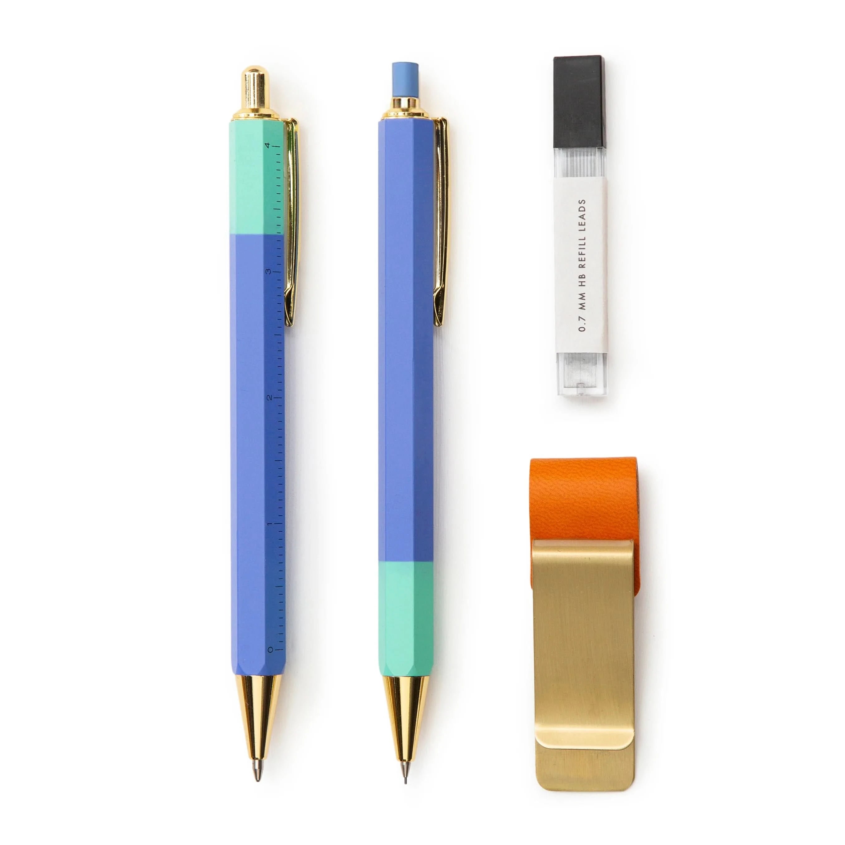 Pen and mechanical pencil set with pen holder and led refills laying down symmetrically on white background 