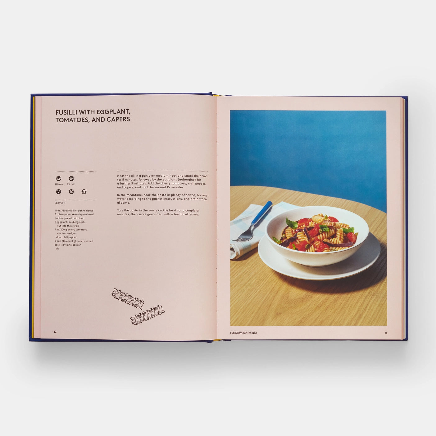 Recipe from the book of pasta titled- Fusilli with eggplant, tomatoes, and capers. Recipe on the left hand page and a picture of the dish on the right