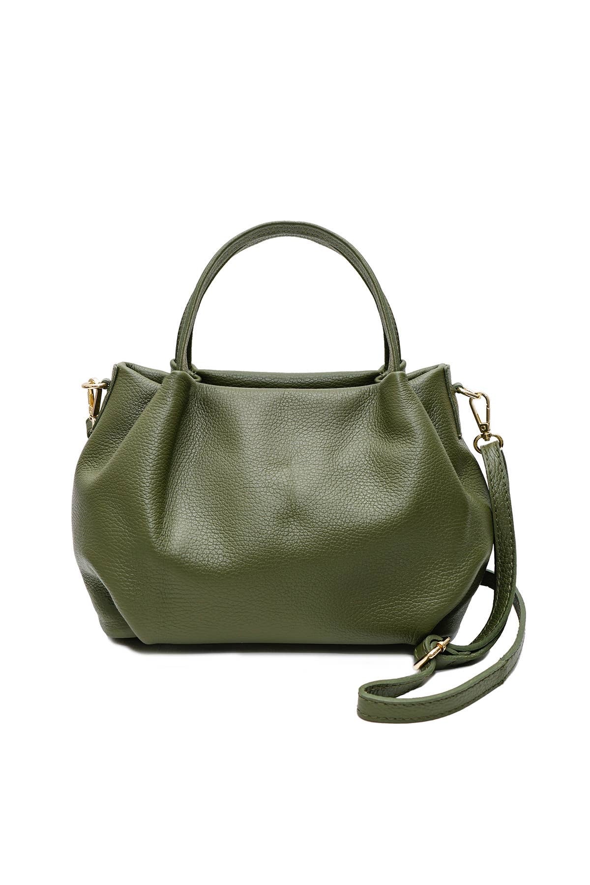 Big dark green leather handbag purse with handles, strap, and gold details 