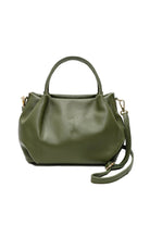 Big dark green leather handbag purse with handles, strap, and gold details 