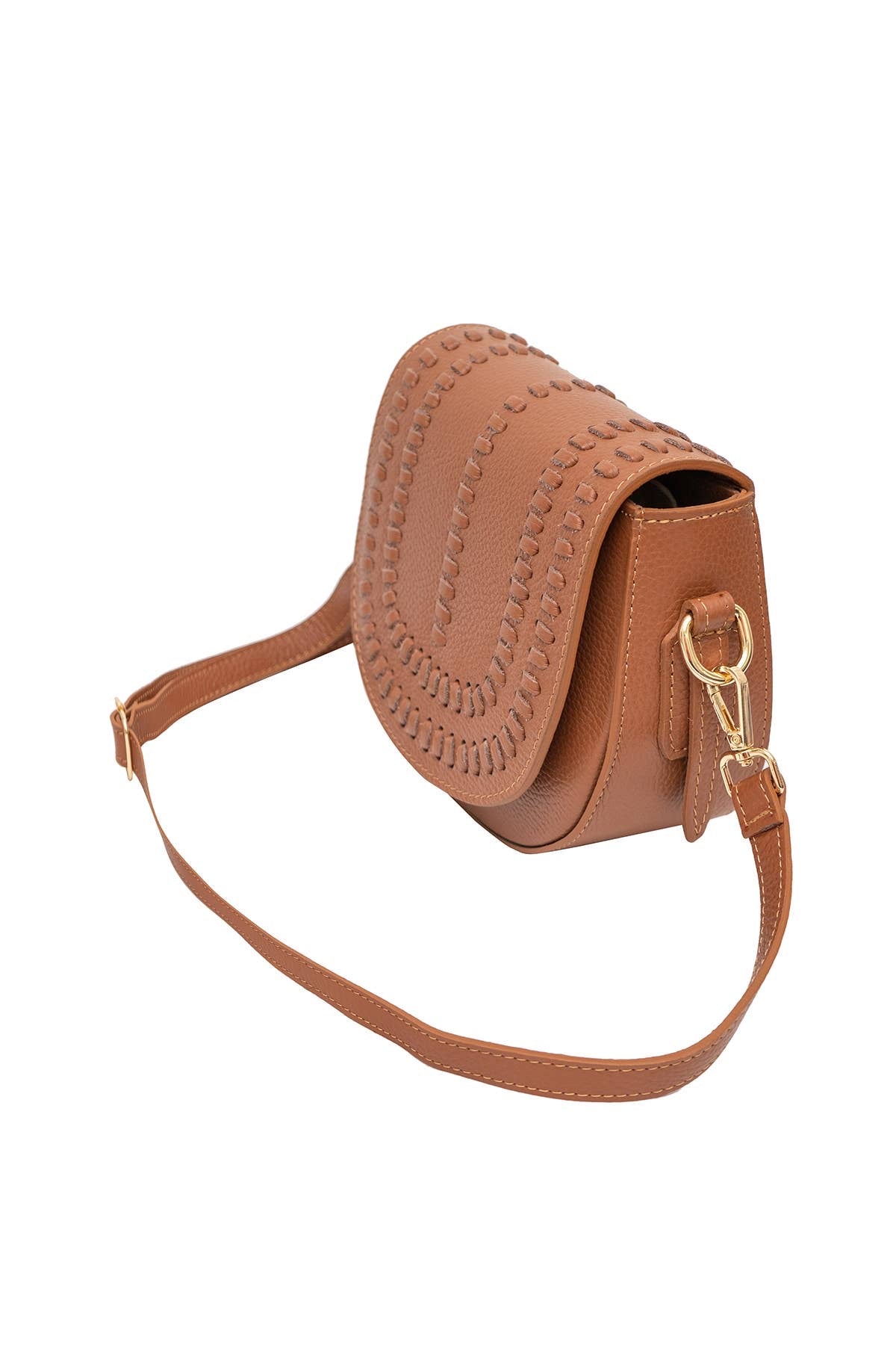 Chestnut brown colored leather crossbody bag with magnetic front clap and leather woven geometric design and gold Metal details 