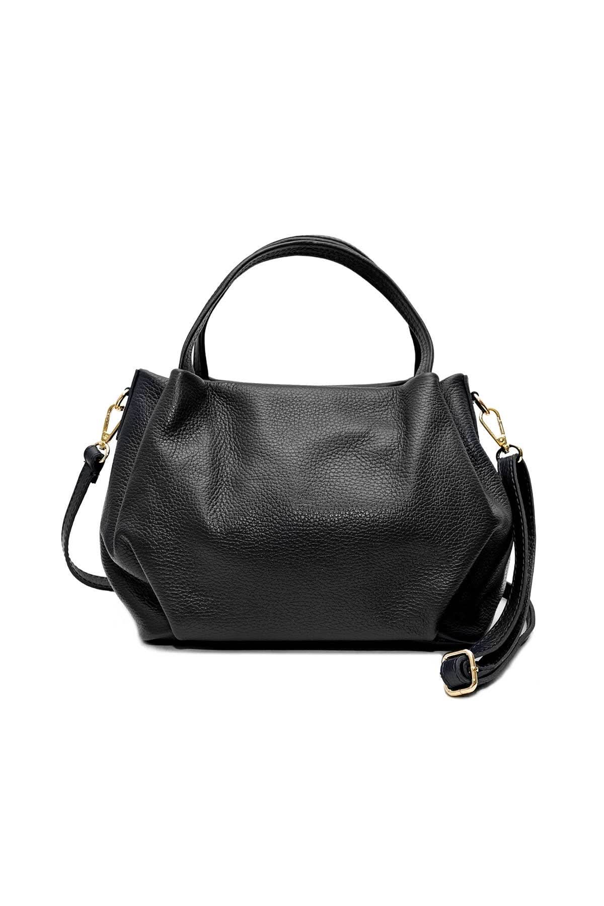 Big black leather handbag purse with handles, strap, and gold details 