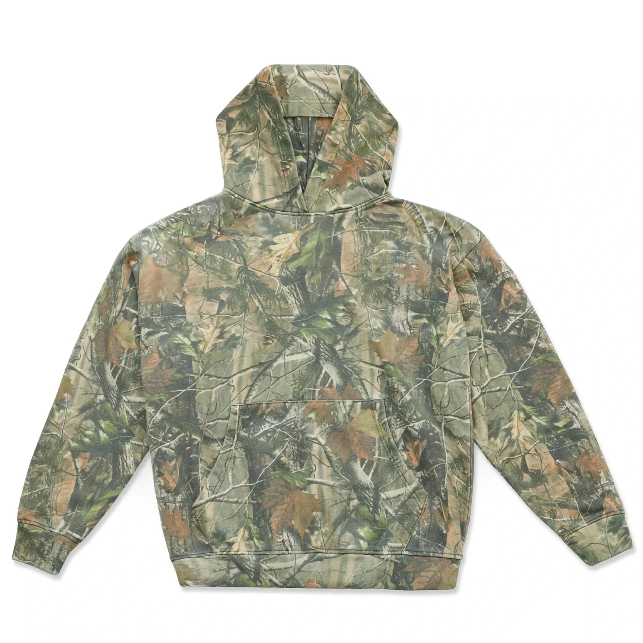 Vintage camo real tree cotton pullover hoodie sweatshirt laid out on white background 