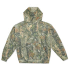 Vintage camo real tree cotton pullover hoodie sweatshirt laid out on white background 