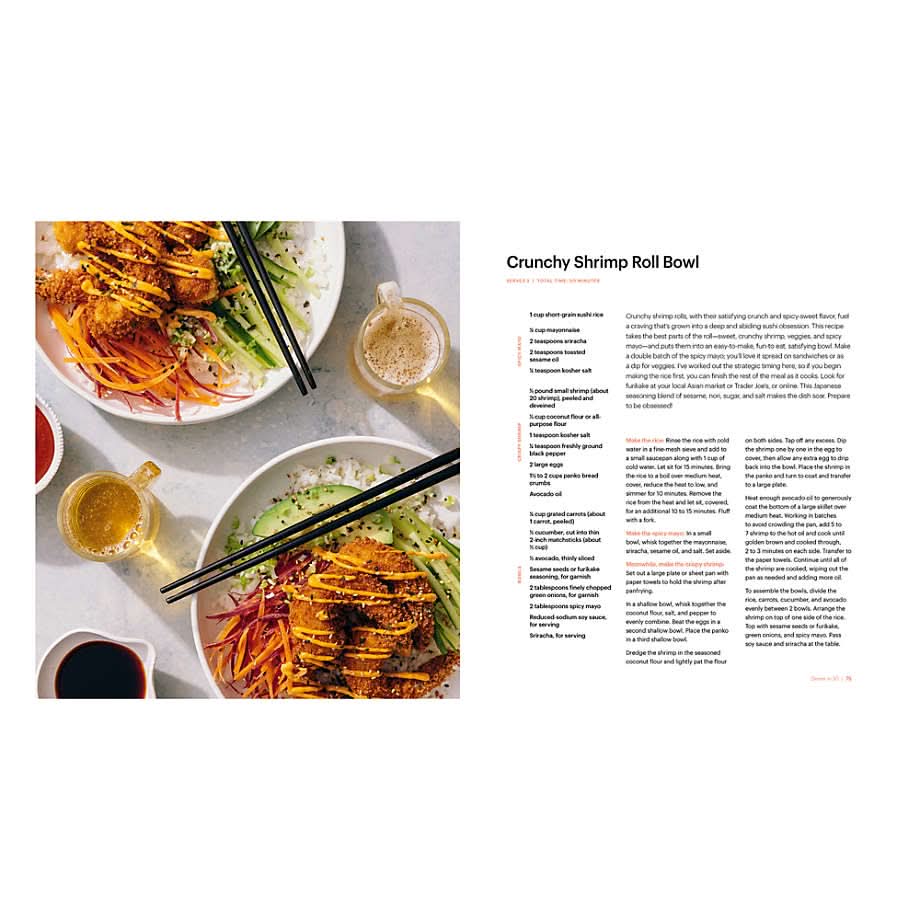 Crunchy shrimp roll bowl recipe from seriously so good cookbook featured phot of shrimp roll on the left and the recipe on the right page  